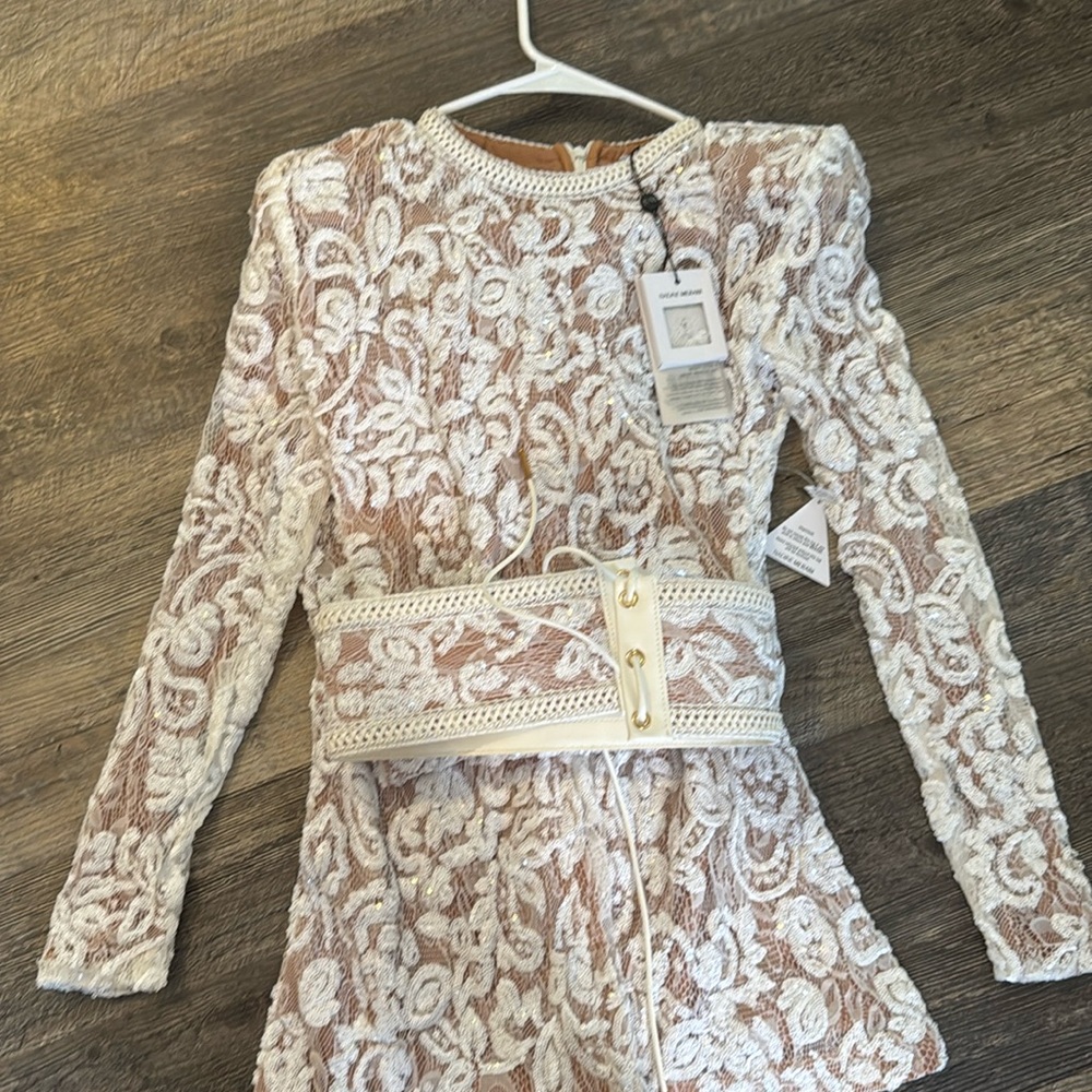 NADINE MERABI Pink and White Lace Long Sleeve Dress with Belt